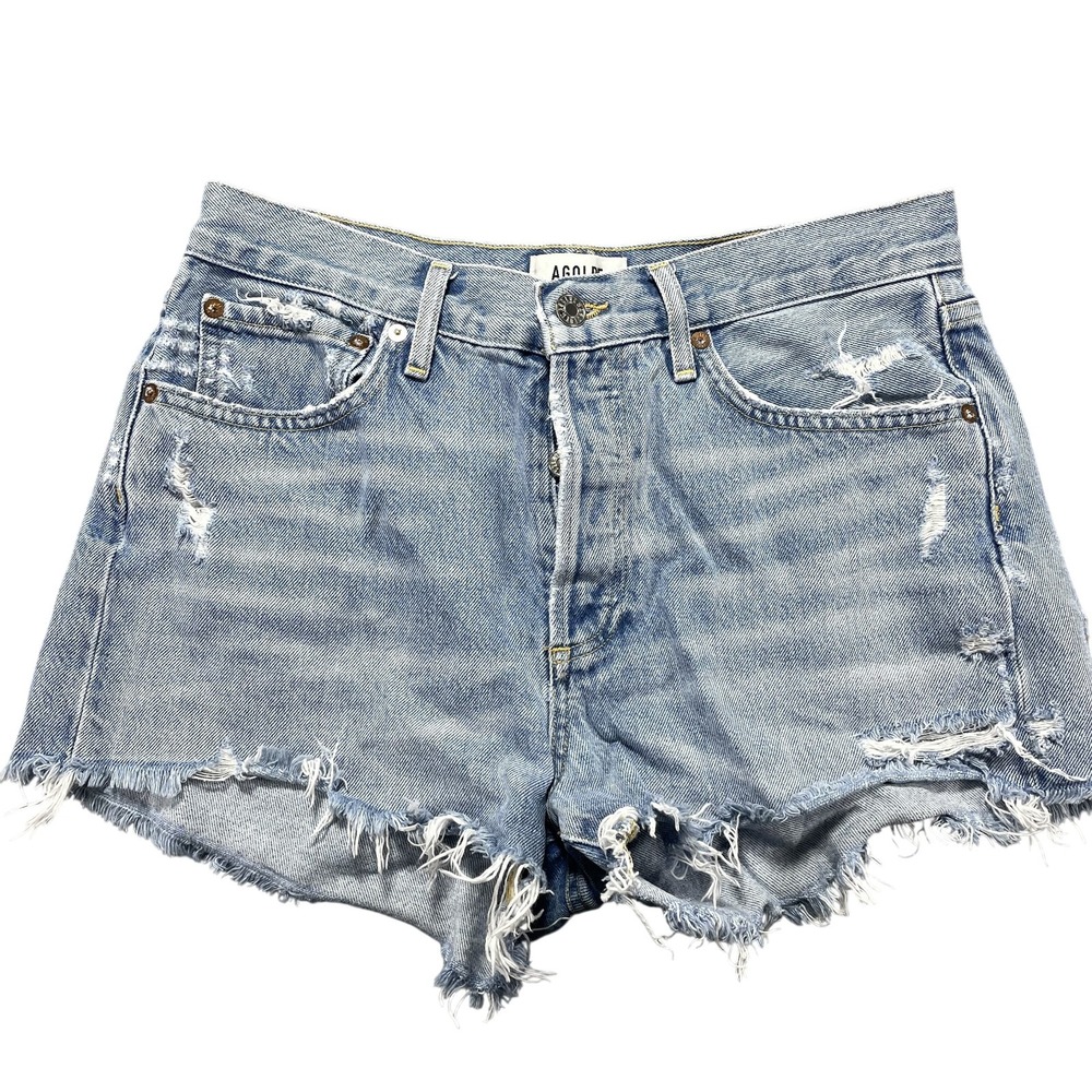 AGOLDE Parker Shorts Womens 27 Blue Denim Cutoff Frayed Hem Button Fly 2" Inseam